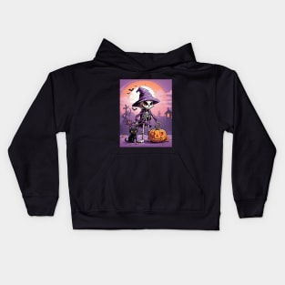 Well dressed Halloween skeleton with cat and pumpkin Kids Hoodie